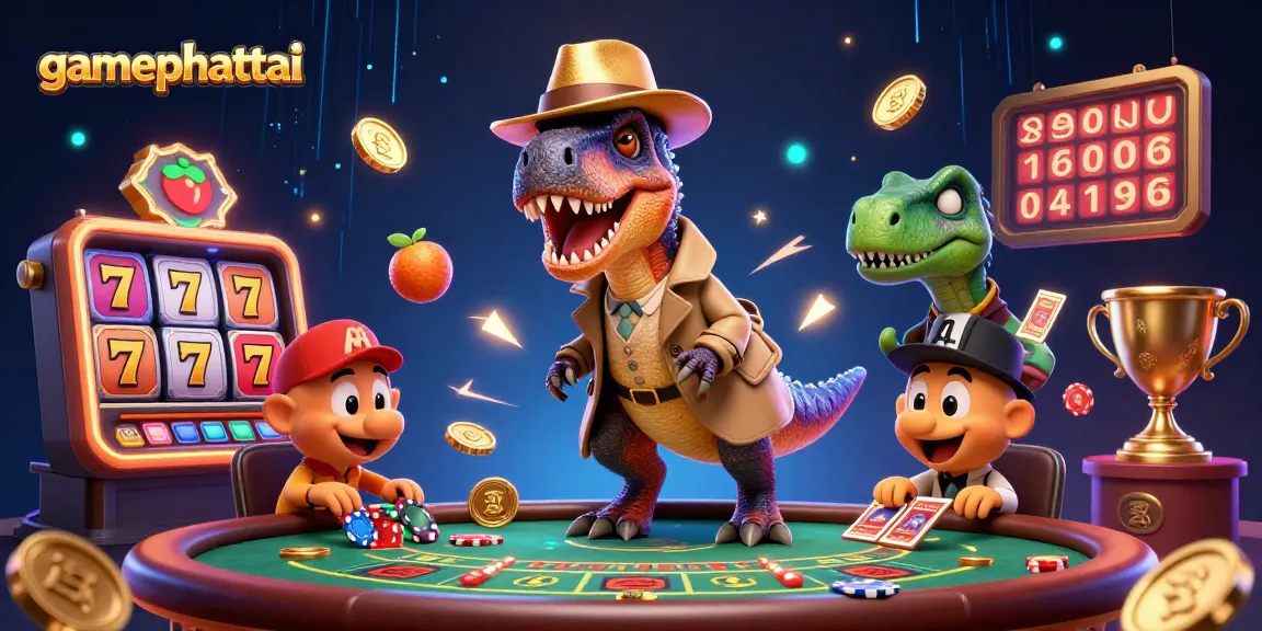 Win big with gamephattai in a vibrant casino scene featuring unique characters and dynamic elements.