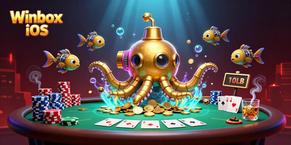 Winbox iOS app download guide with a vibrant casino-themed 3D illustration and gaming elements.