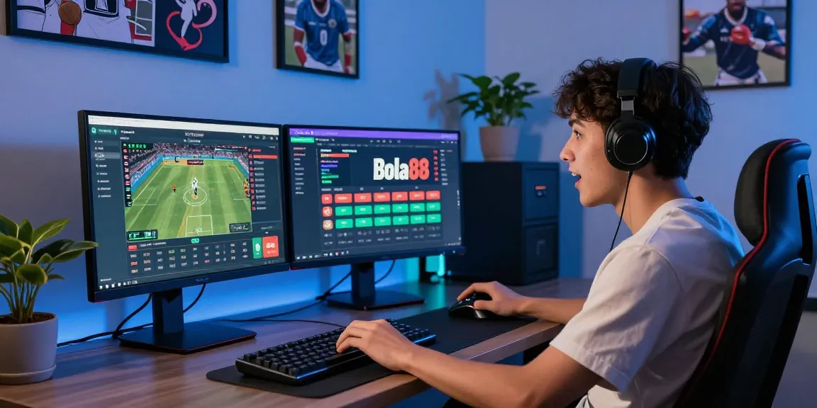 Bola88 user engaged in dynamic online betting with multiple monitors, creating an exciting gaming atmosphere.