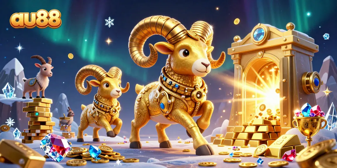 Engage in thrilling games at au88 with a golden ram charging through a spectacular casino scene.