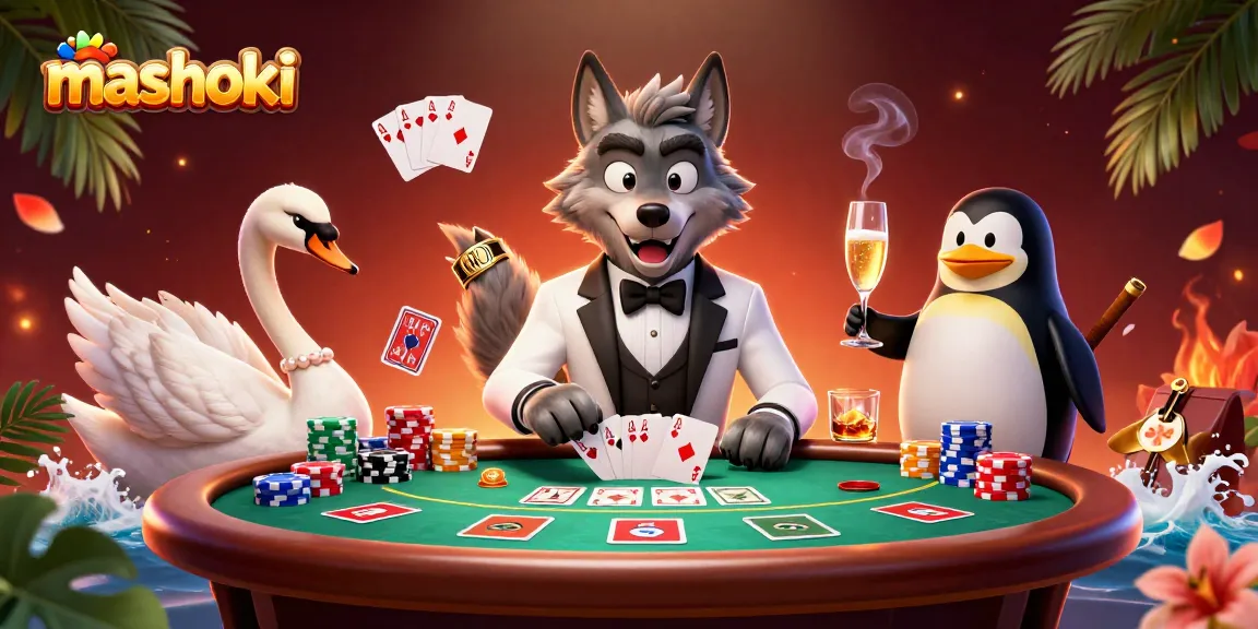 Engage with mashoki's thrilling casino scene featuring a wolf, swan, and penguin around a baccarat table.