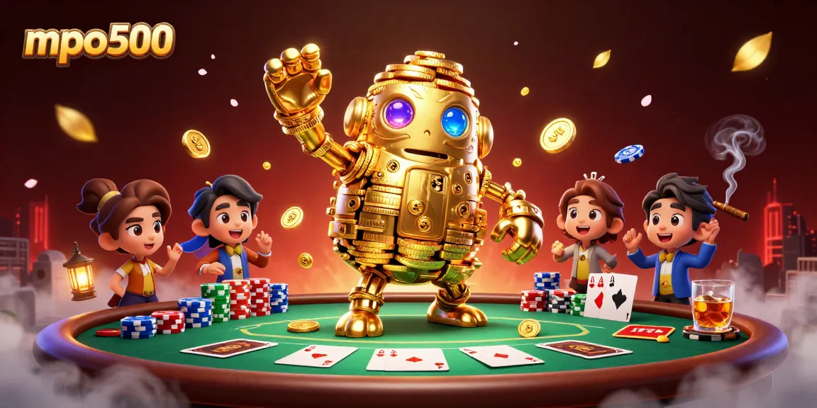 MPO500 showcases a vibrant scene with a dynamic golden golem, poker elements, and festive decorations.