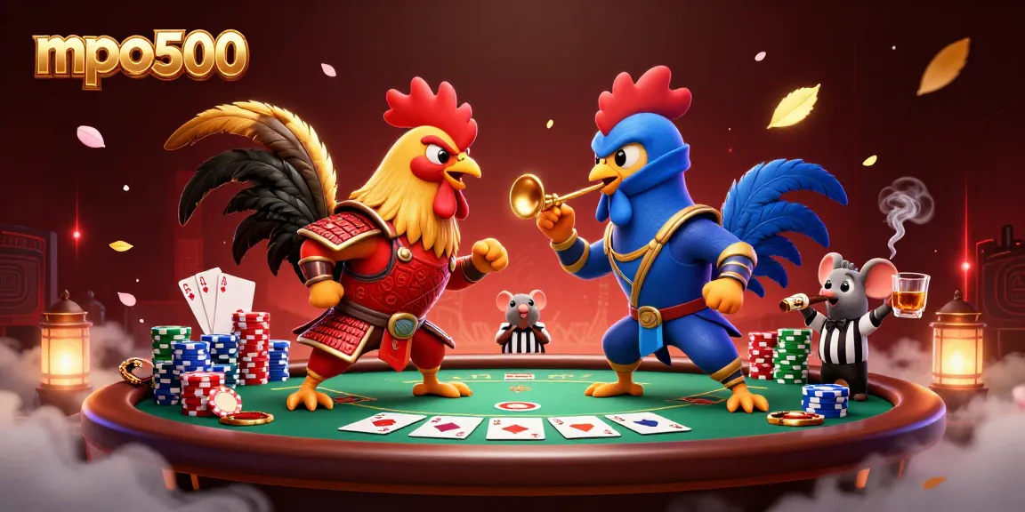 Engage with mpo500: animated duel of roosters, exciting poker scene, vibrant casino atmosphere.