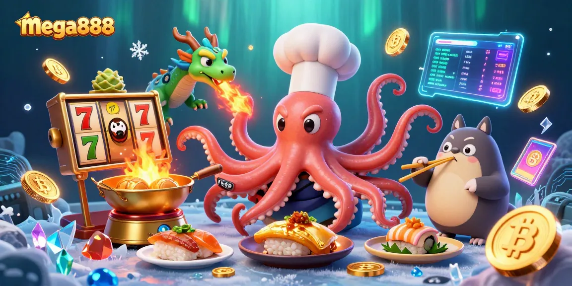Mega888 players enjoy vibrant slot games with a dynamic scene featuring an octopus chef, dragon, and tanuki.
