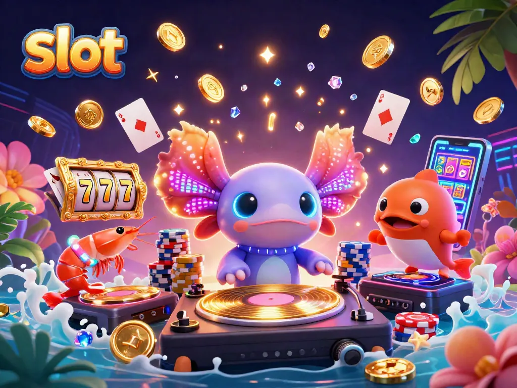 Experience exciting slot action with a lively axolotl DJ and vibrant casino elements.