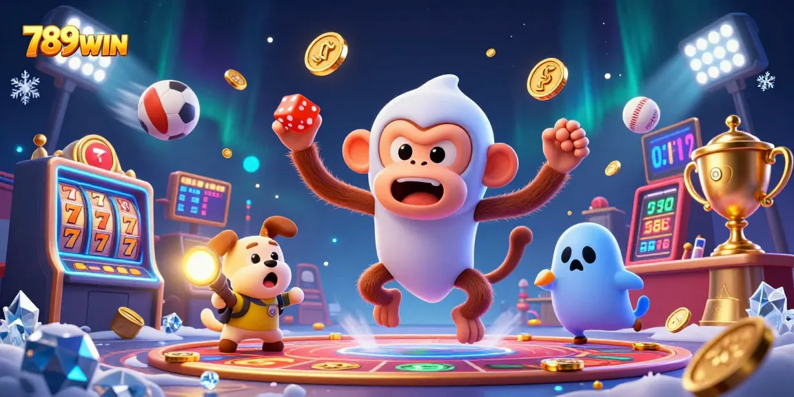 Experience thrilling wins at 789WIN as a mischievous monkey juggles golden treasures in a vibrant casino.