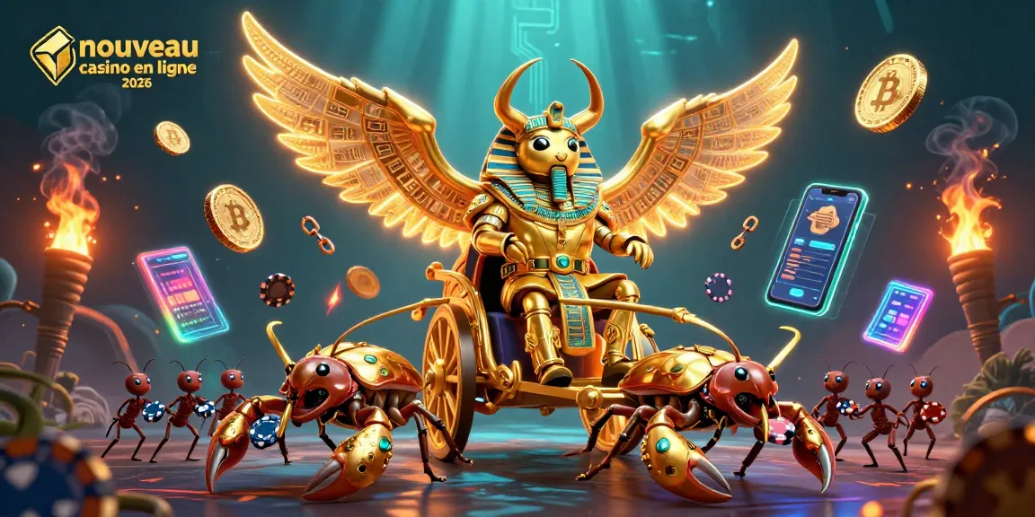 Visualiser un monde vibrant de nouveau casino en ligne 2026 avec un scarabée doré et des éléments de jeu captivants.