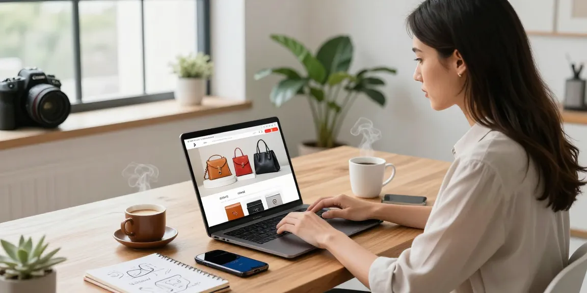 Professional woman analyzing a leather e-commerce site featuring slot products in a bright studio.