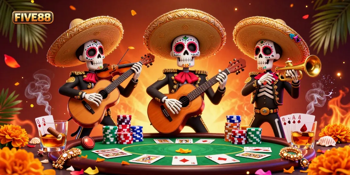 Engage with the immersive FIVE88 casino scene featuring skeleton mariachi musicians and vibrant poker elements.