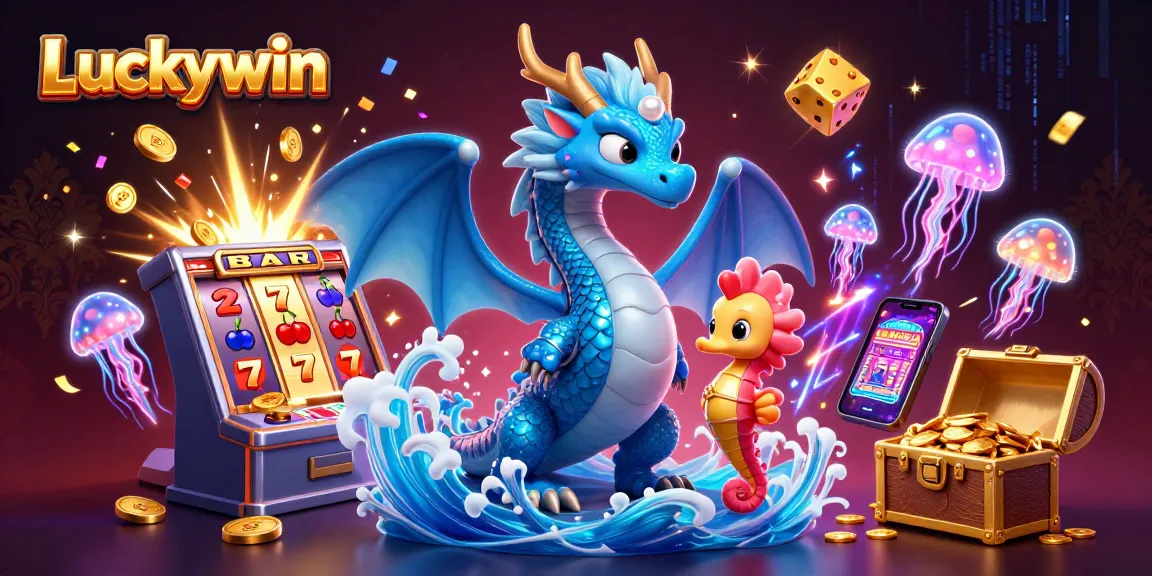 Engage with Luckywin's vibrant casino world featuring a dragon, seahorse knight, and neon jellyfish.