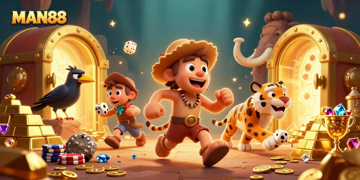 Engage with MAN88 at an energetic prehistoric casino featuring a caveman and sabertooth tiger duo.