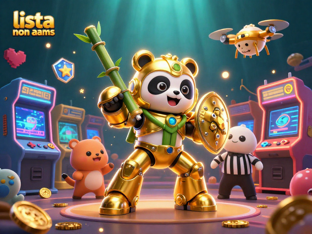 In questa scena dinamica della lista casino non aams, un panda d'oro pilota un robot da combattimento circondato da giochi arcade e spettatori animali.