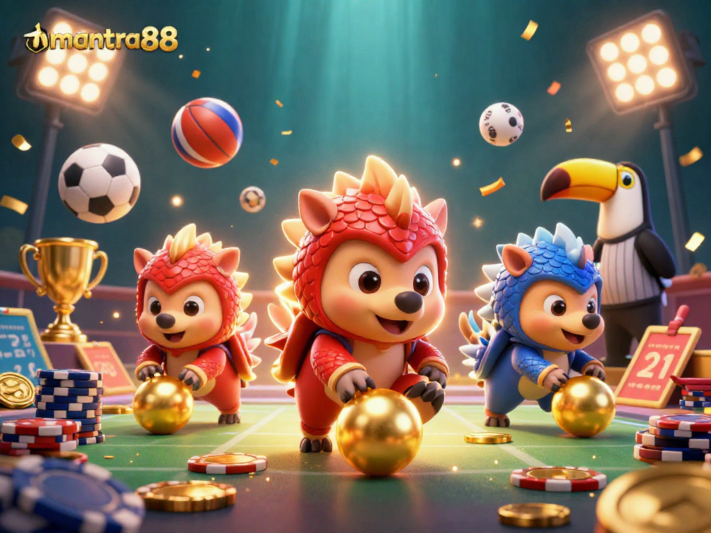 Join the fun at mantra88 with vibrant pangolins rolling in golden chips for exciting casino action.