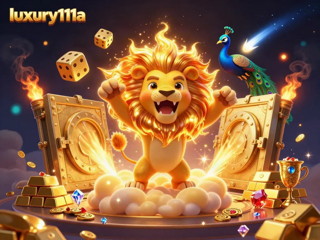 Experience thrills at luxury111a with golden dice and a roaring lion amidst wealth and excitement.