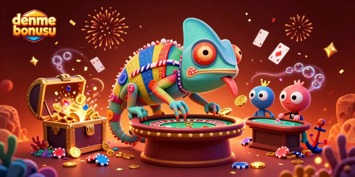 Experience the excitement of deneme bonusu with a vibrant chameleon casino owner and festive elements.