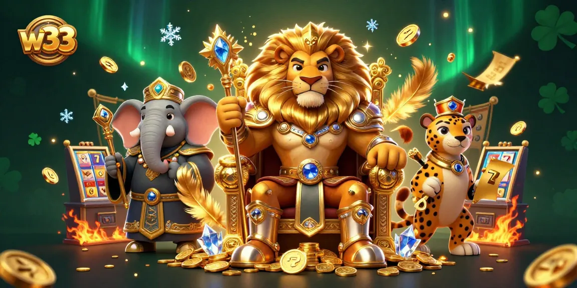 Experience exhilarating w33 pokies with a vibrant illustration featuring a lion king and elephant advisor.