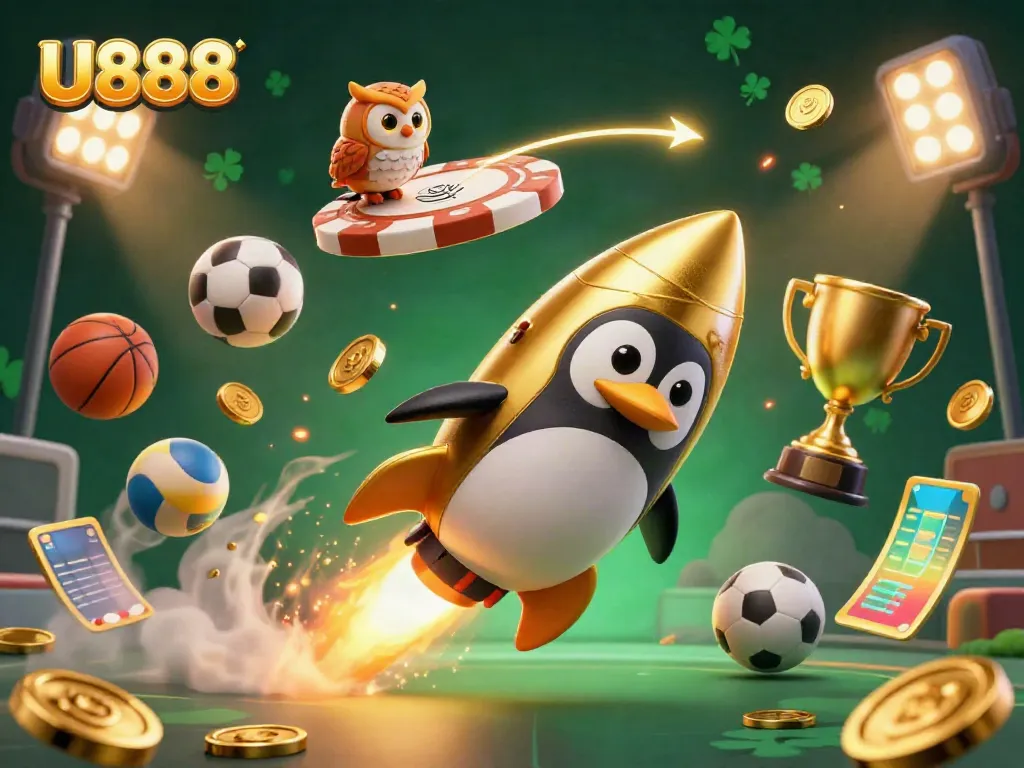 Experience thrilling gaming adventures at U888 with a golden penguin heading to a casino.