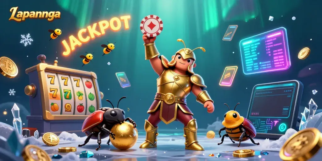 Experience thrilling gameplay at Lapannaga with a heroic beetle and vibrant casino elements.