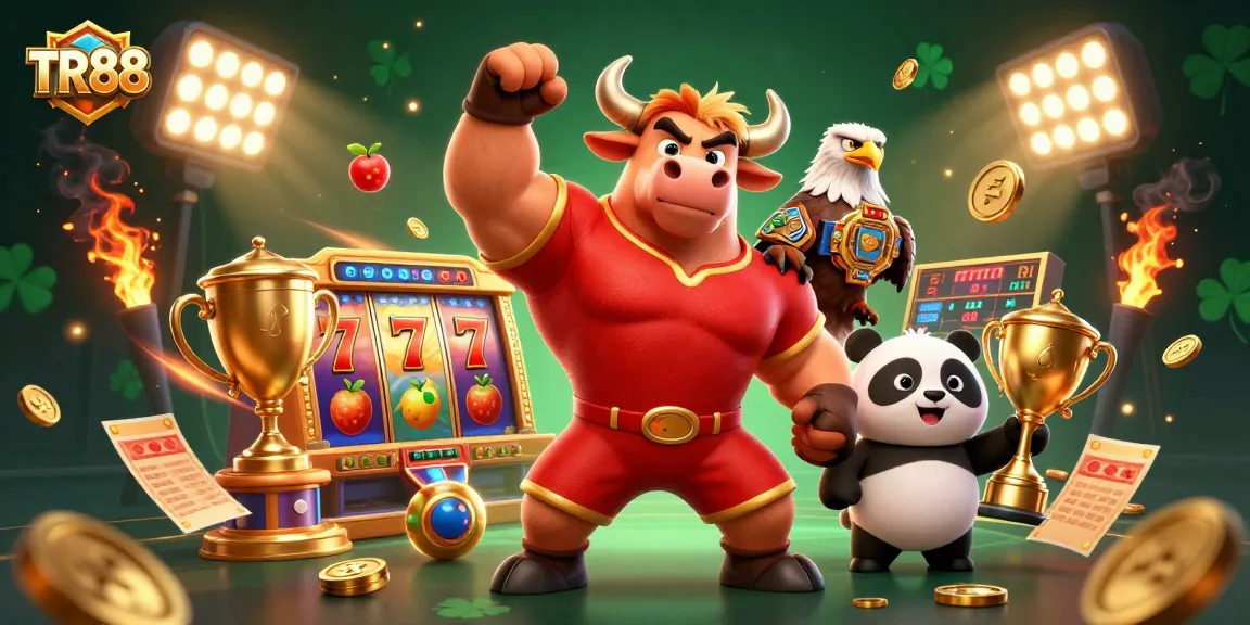 Engaging TR88 online casino scene featuring a bull mascot, eagle, and panda celebrating wins.