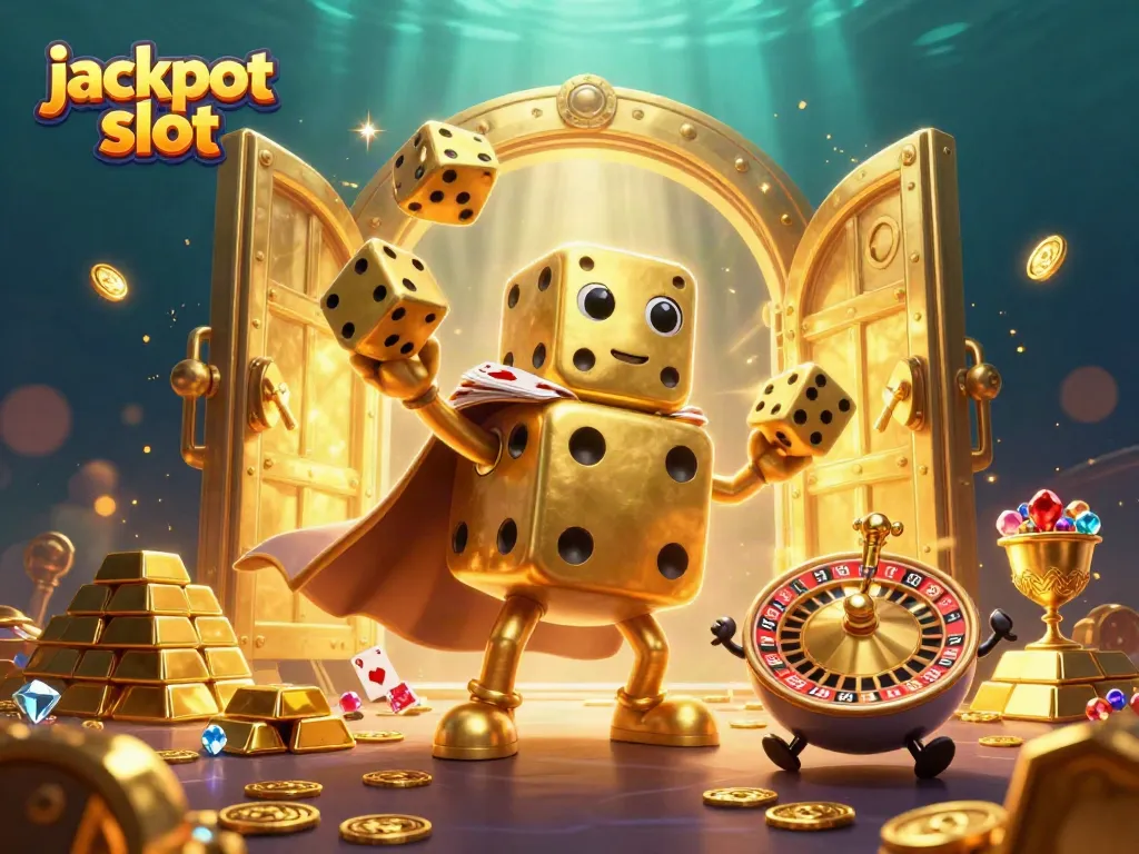 Experience the thrill of jackpot slots with golden dice golem and treasure bursting from a vault.