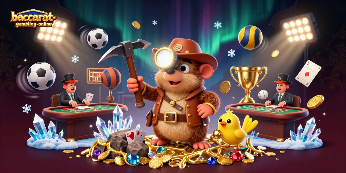 An engaging scene of baccarat gameplay at baccarat-gambling-online, showcasing a treasure hunter mole amidst casino elements.