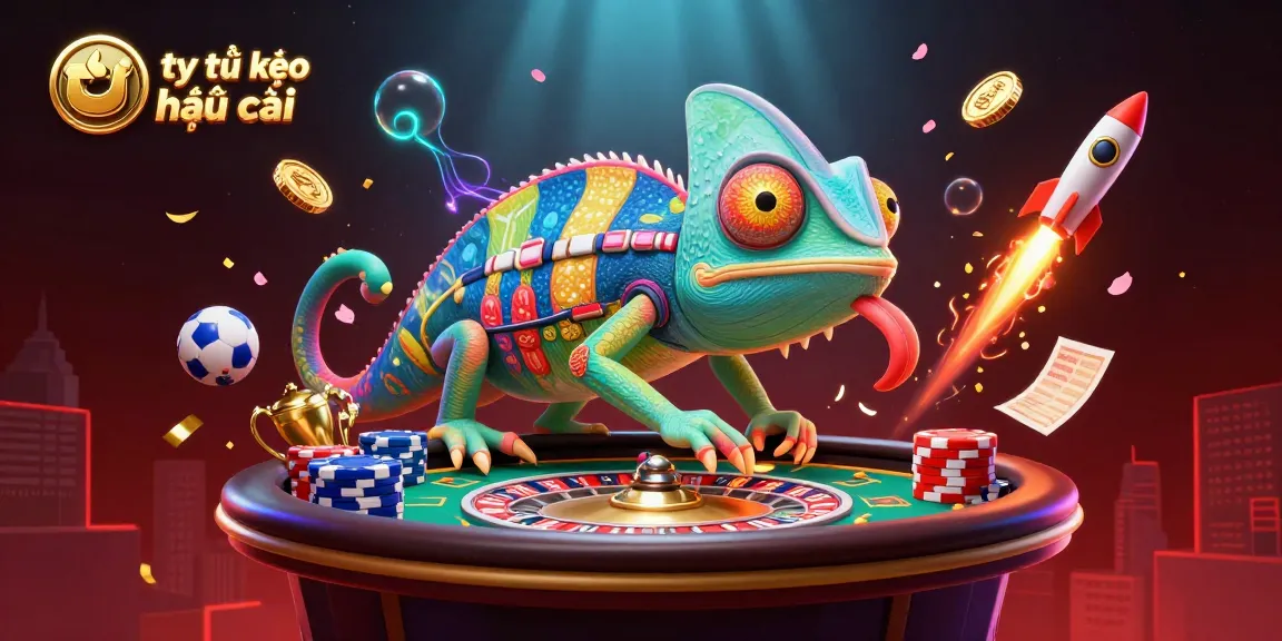 Dynamic illustration of a chameleon casino owner snapping coins, highlighting tỷ lệ kèo nhà cái and vibrant sports betting details.