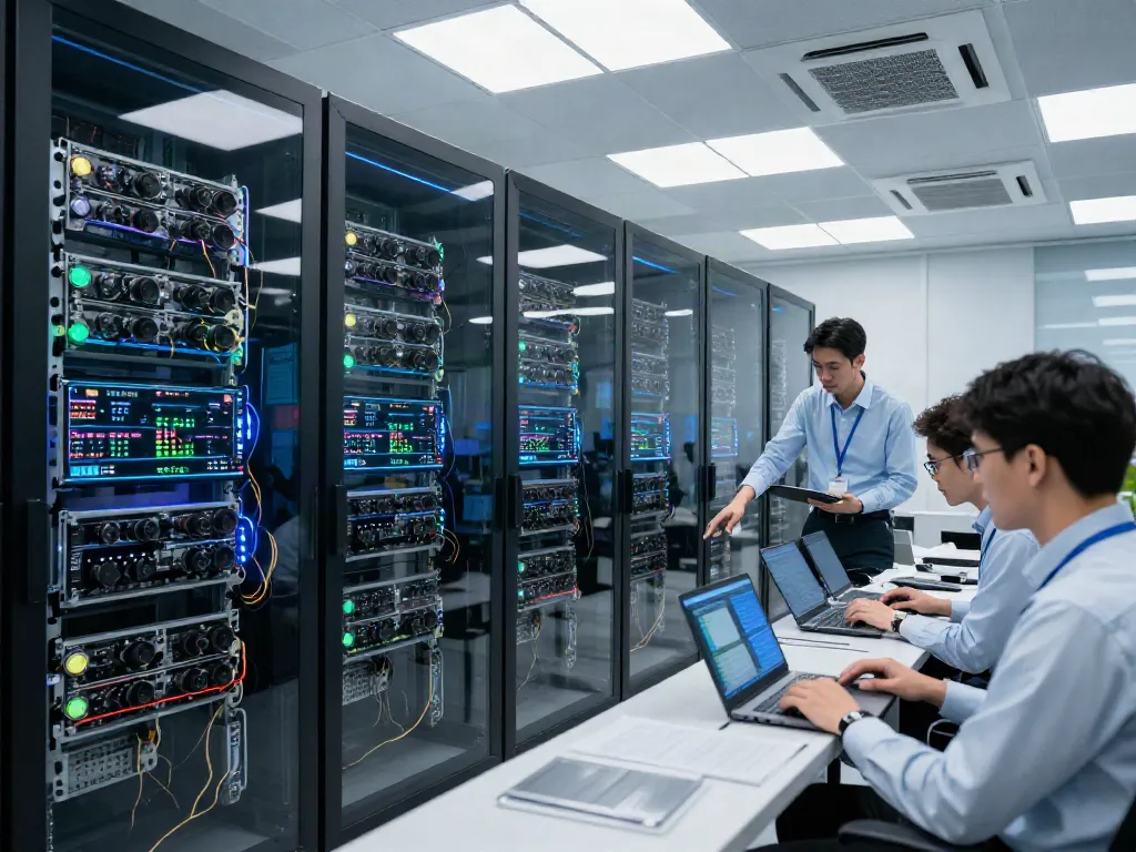 AI infrastructure engineer analyzing GPU computing systems and data analytics in a modern data center