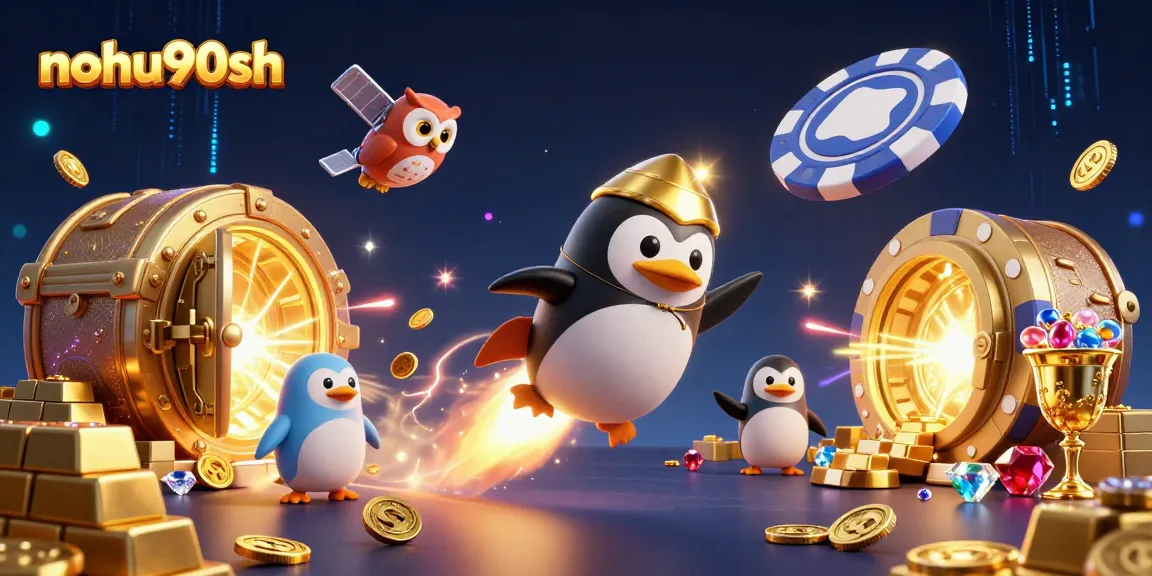 Experience thrilling gaming at nohu90sh with a golden penguin blasting coins toward a vibrant casino.