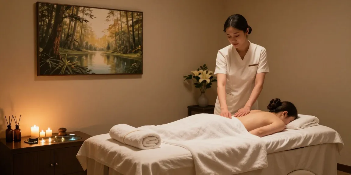 마사지 시술을 준비하는 전문가와 함께 아늑한 마사지 룸의 풍경