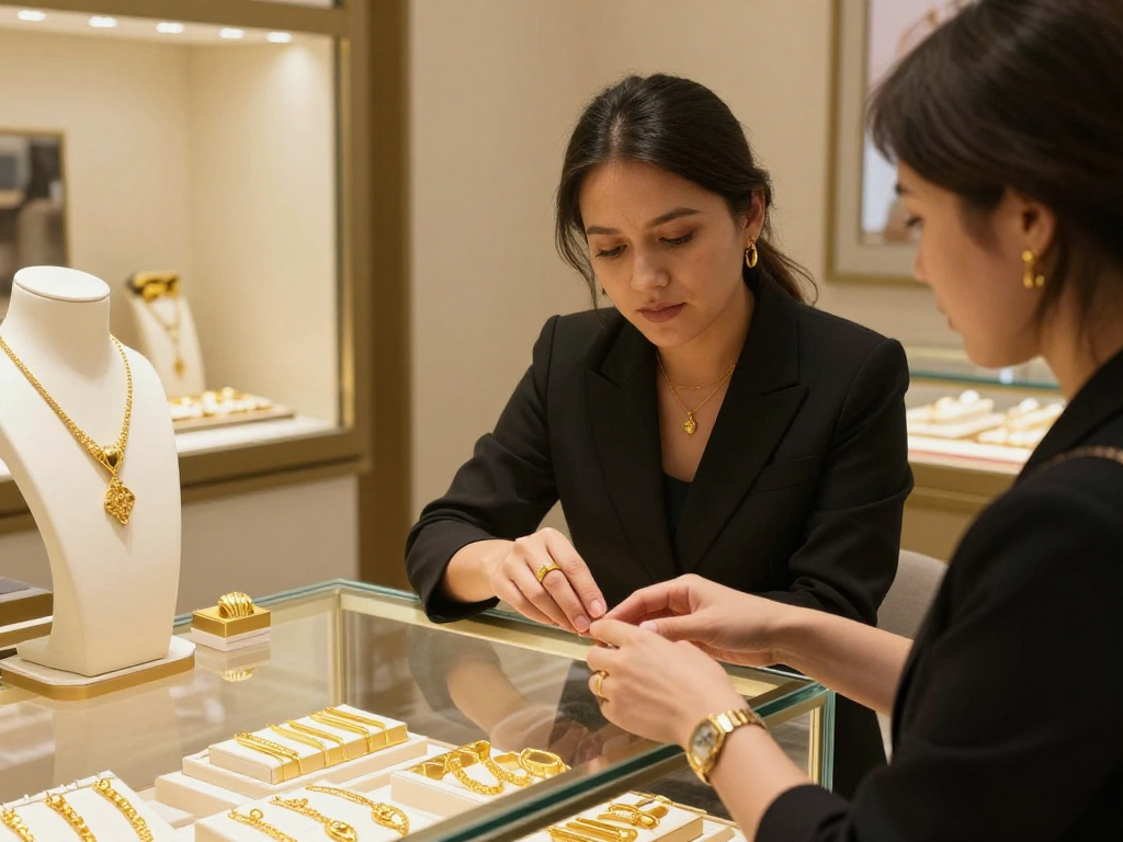Jeweler demonstrating mantra88 gold jewelry to a customer in an elegant store.