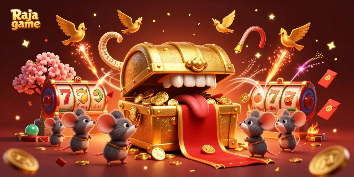 Experience the excitement of Raja game with vibrant slot reels and golden treasures in a captivating 3D scene.