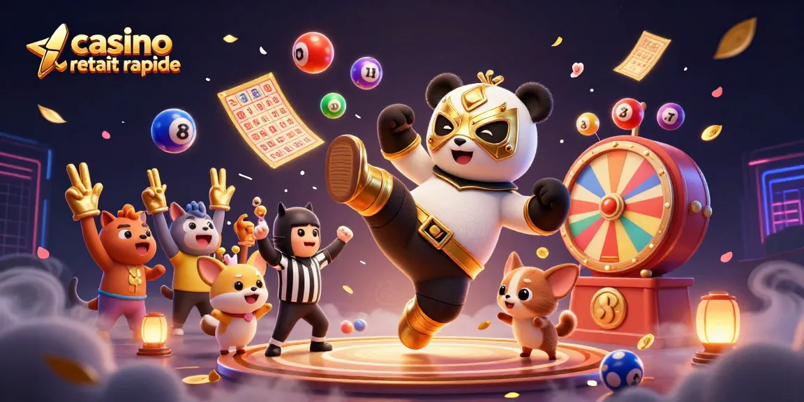 Participer à un jeu passionnant avec casino retrait rapide, un panda lutteur en action entouré de billets dorés et de boules de loterie.