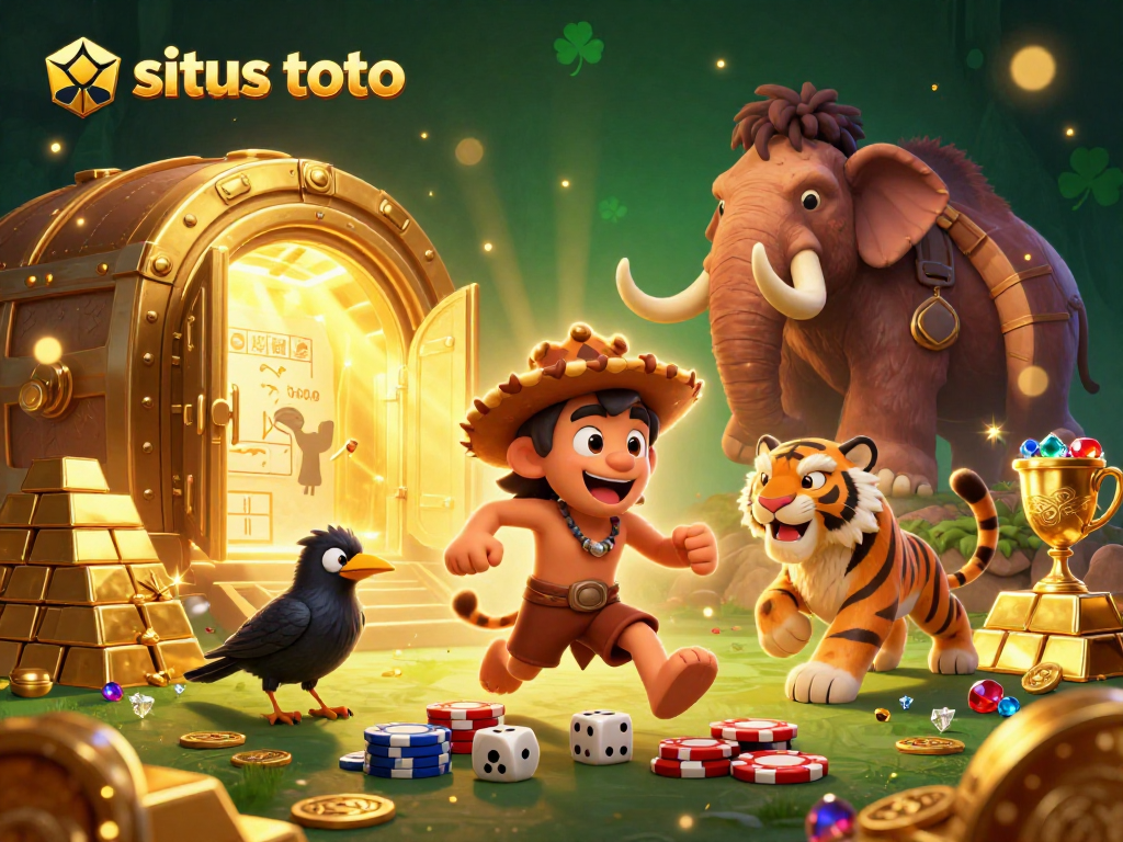 Engage in excitement at situs toto with the caveman and sabertooth duo in a vibrant prehistoric casino scene.