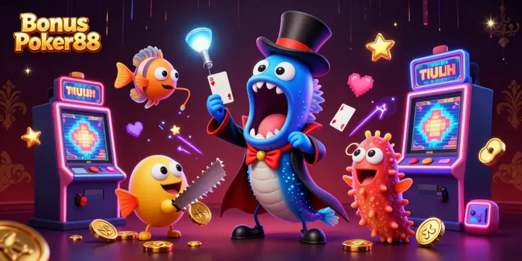 Experience the excitement of Bonus Poker88 with vibrant 3D characters performing magic tricks in a dazzling casino.
