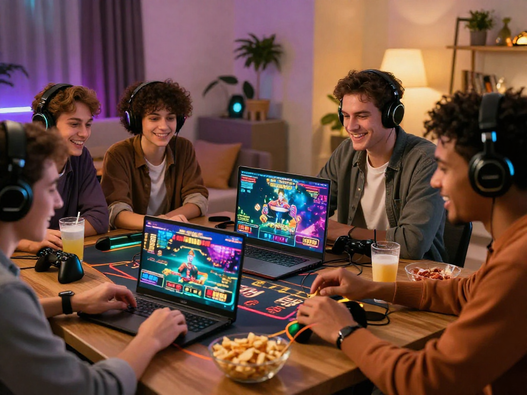 Group of friends enjoying situs888 live casino games in cozy living room.