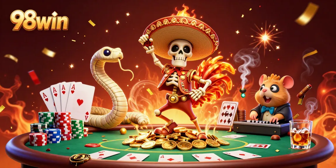 Experience the thrill of 98win gaming with vibrant characters and dynamic casino elements in this visual celebration.