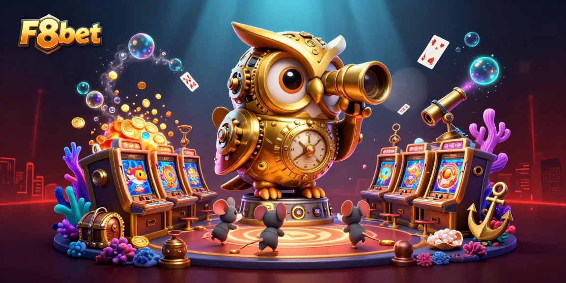 Experience excitement at F8bet with a vibrant casino scene featuring whimsical characters and rich game elements.