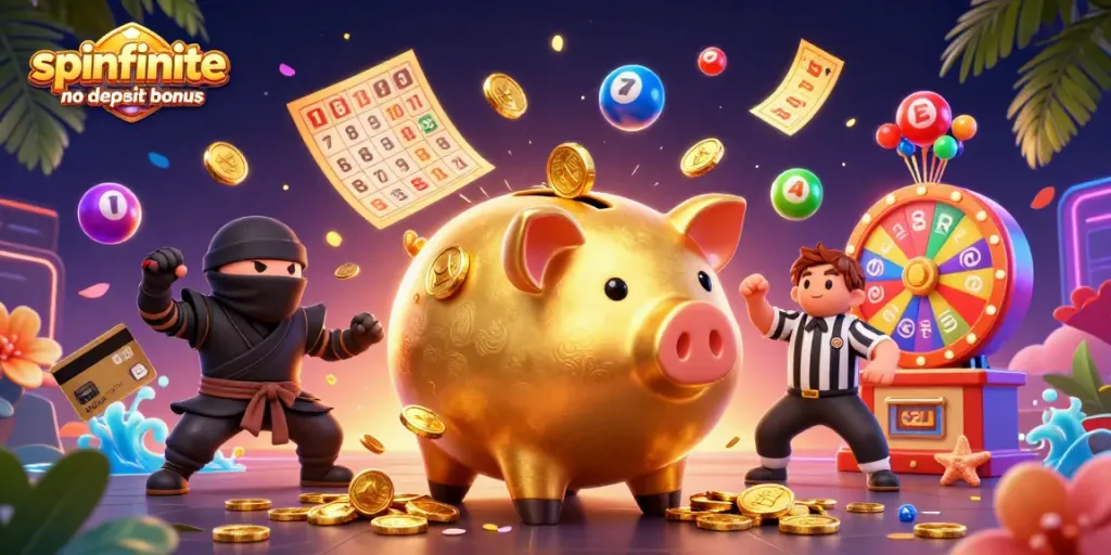 Experience the spinfinite no deposit bonus with a vibrant casino scene featuring thrilling gaming elements and lively characters.