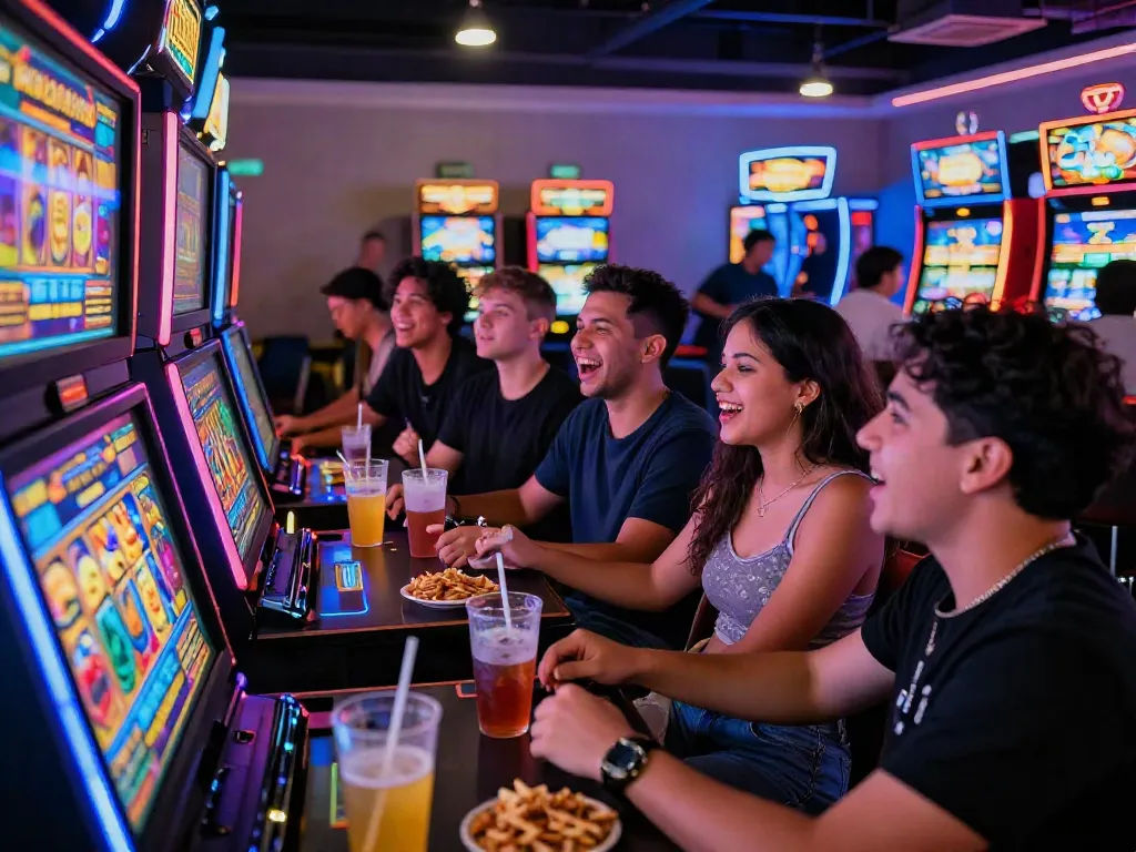 Exciting group enjoying vibrant slot gacor gaming experience in lively casino atmosphere.