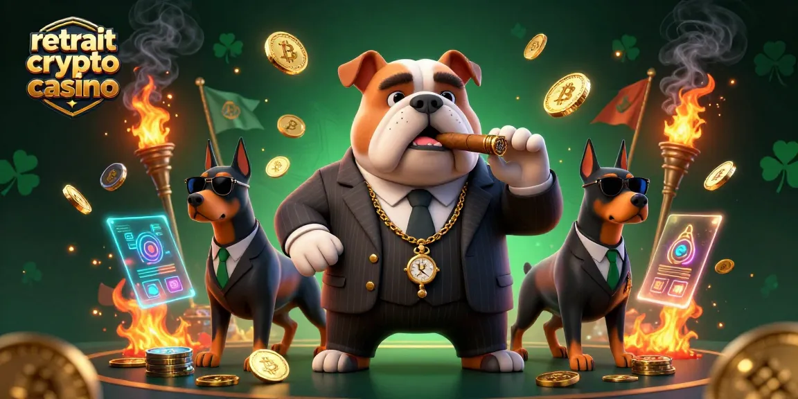 Retrait crypto casino: Maestro mafieux bulldog entouré de Dobermans et de pièces numériques dans une scène animée.