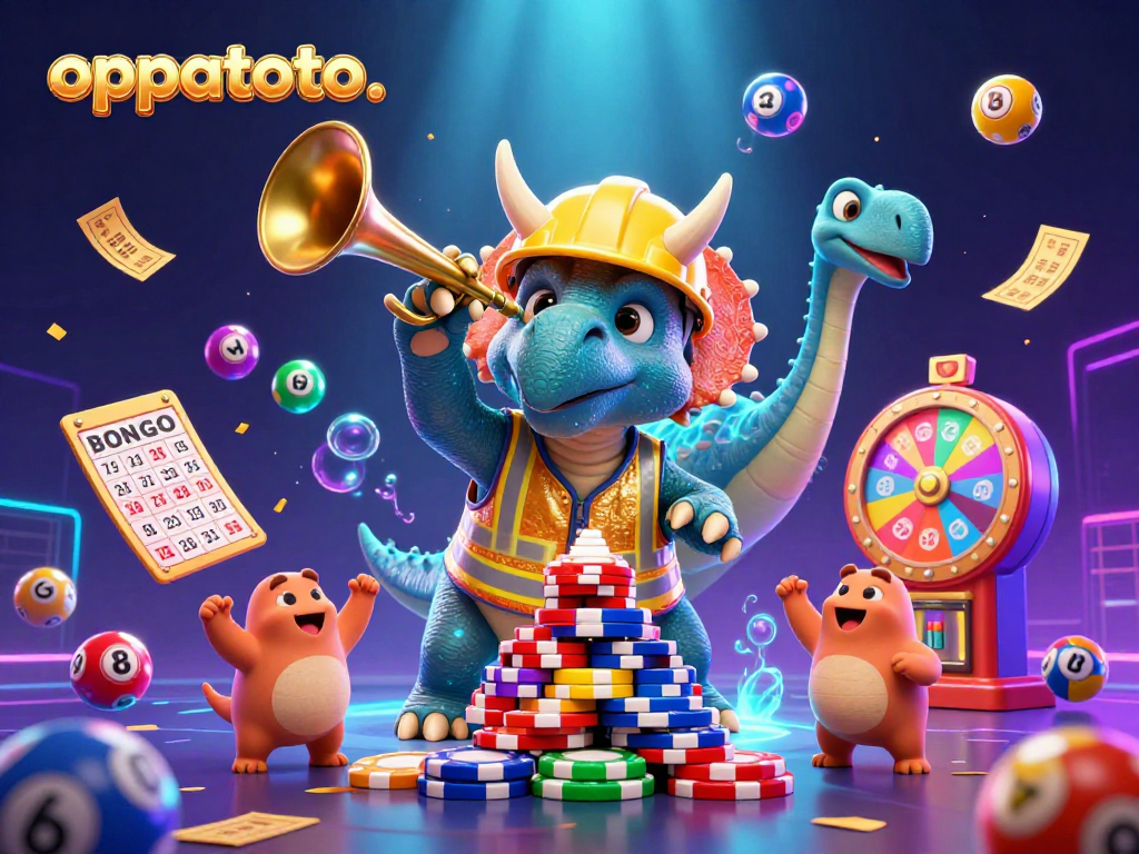 Engage with oppatoto as the triceratops builds a poker chip pyramid amidst exciting lottery elements.
