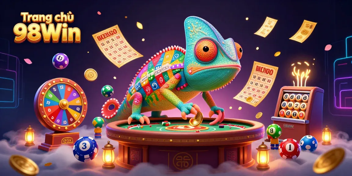 Spin to win at Trang chủ 98Win with colorful lottery balls and a vibrant casino scene.