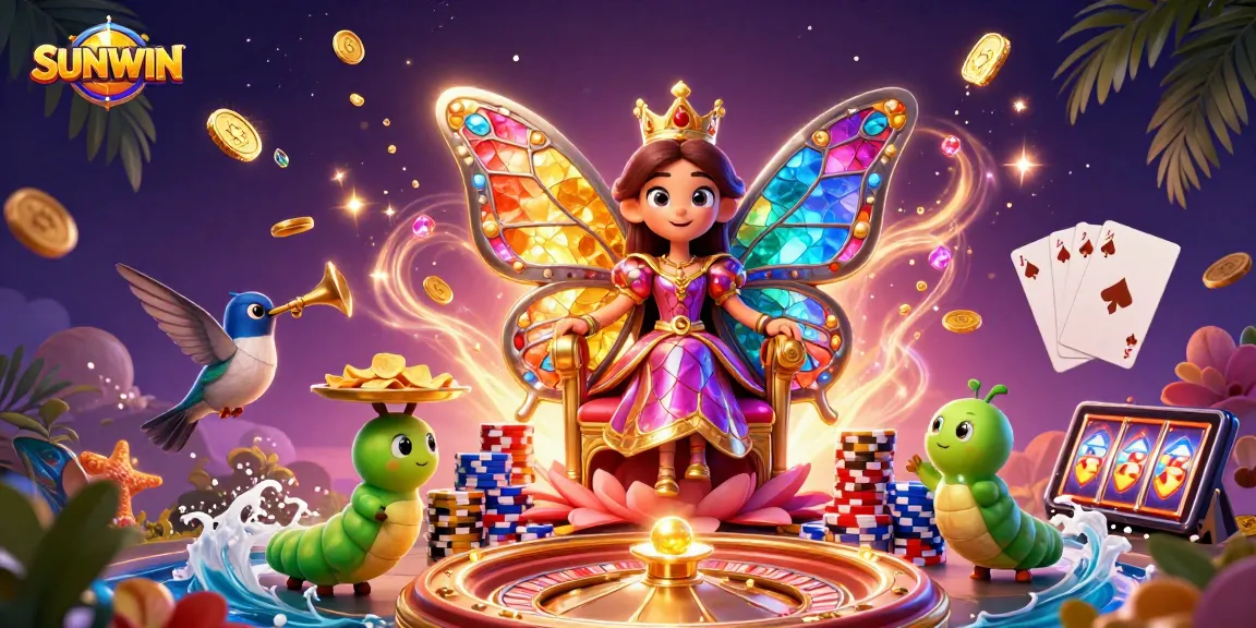 SUNWIN's vibrant 3D casino illustration of a butterfly queen in a magical setting, surrounded by gaming elements