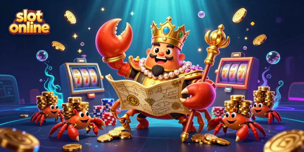 Putaran slot online dengan karakter kepiting emas, mempersembahkan jackpot yang bersinar.
