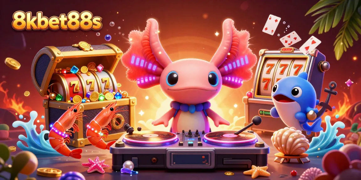 Experience vibrant gameplay with 8kbet88s, featuring a neon axolotl DJ and animated slot elements.