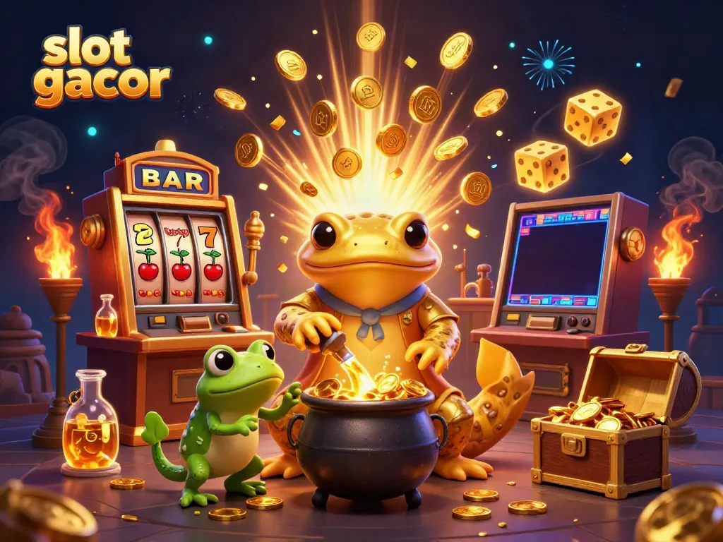 Experience the slot gacor magic with a golden salamander alchemist and vibrant casino elements.