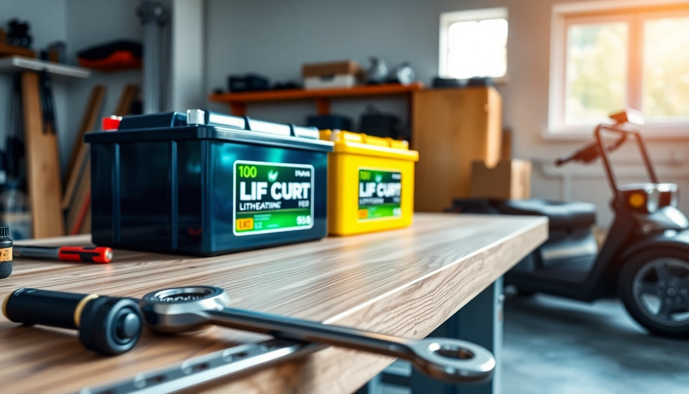Showcase quality lithium golf cart batteries on a workbench with tools, emphasizing performance.