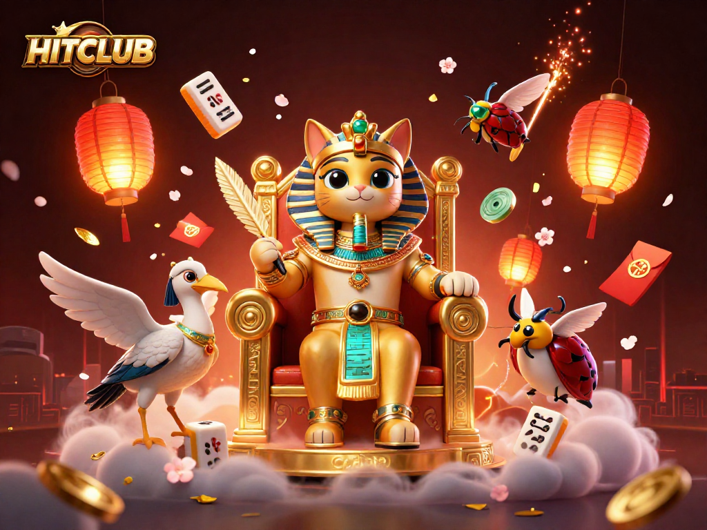 Experience HITCLUB with a dazzling scene of a golden throne, pharaoh cat, and festive game elements.
