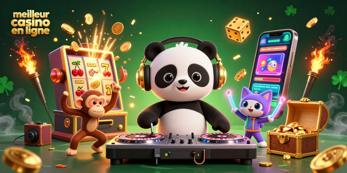 Vibrez au meilleur casino en ligne avec une illustration animée de personnages festifs et d'éléments de jeu.