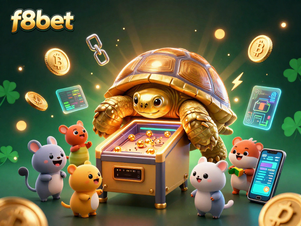 Engage with f8bet's exciting gaming world featuring a golden tortoise pinball machine and crypto elements.